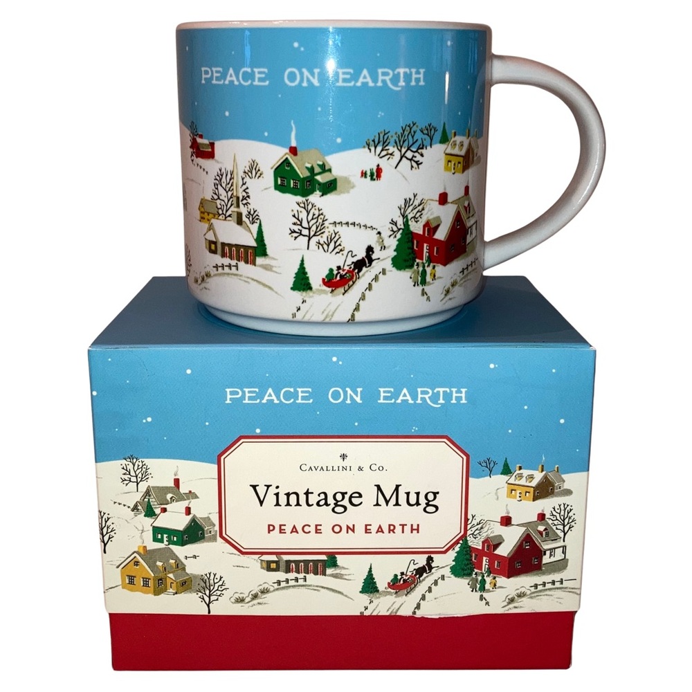 NIB Cavallini & Co Whimsical Blue and White Christmas Winter Retro Vintage Mug